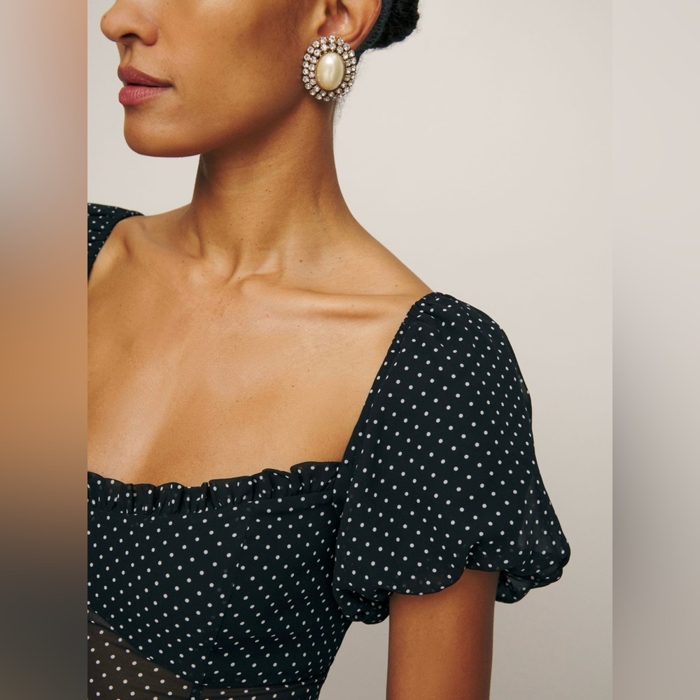 NEW Reformation Davonne Mini  Dress in Black Polkadot Frill Detail | size 0 - Picture 5 of 13